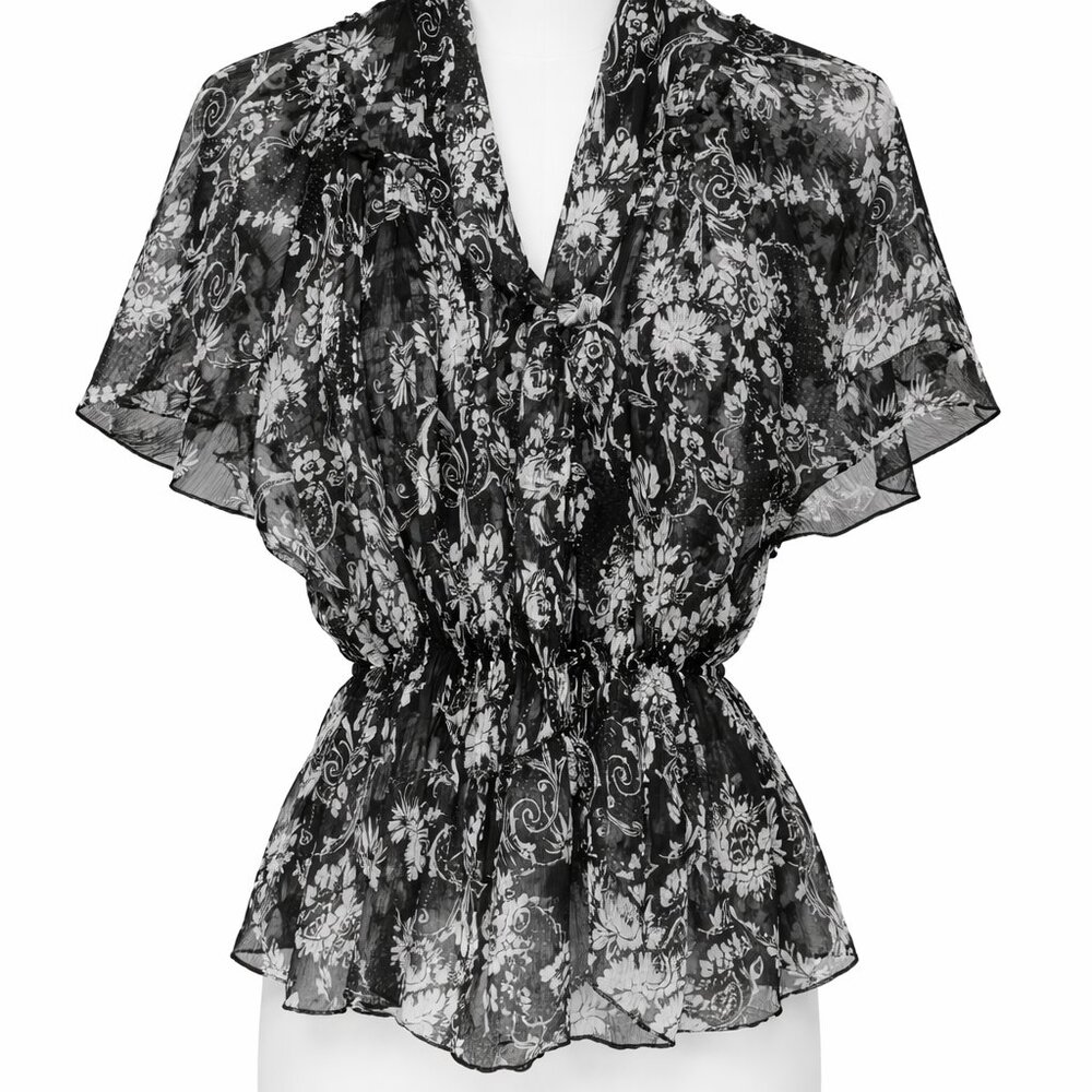 Vintage Guess Sheer Floral Tie Neck Blouse Boho Flutter Sleeve Made USA